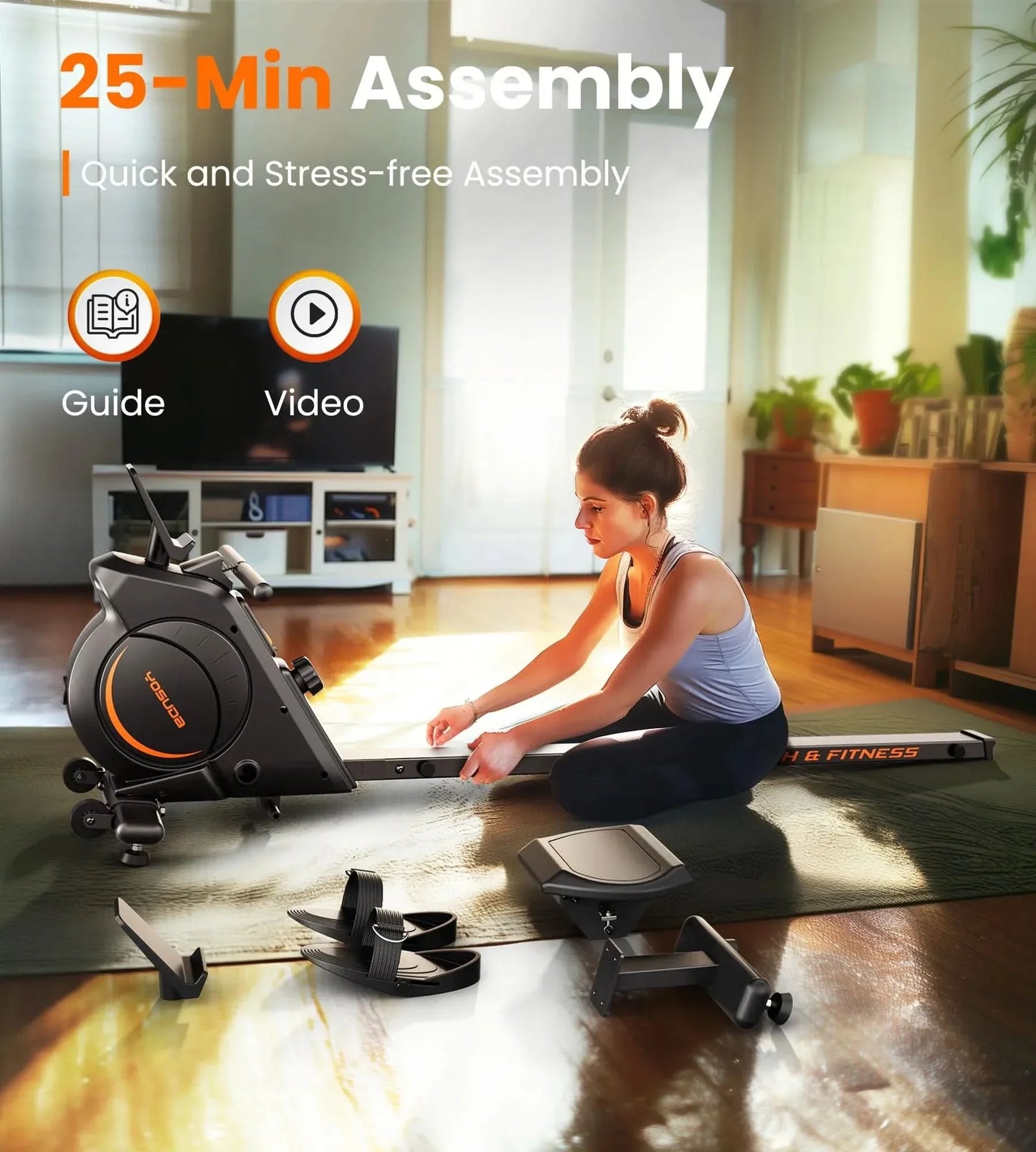 Woman assembling a piece of exercise equipment in a living room with text about assembly time and guides/videos.