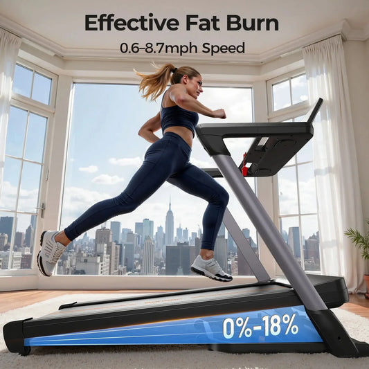 Woman exercising on a treadmill with a cityscape view through large windows.