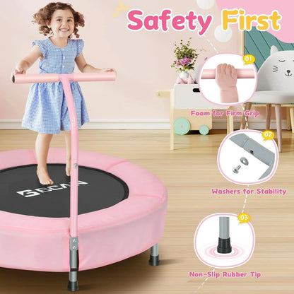 Child on a pink trampoline with safety features highlighted, including foam handle grip, washers for stability, and non-slip rubber tip.