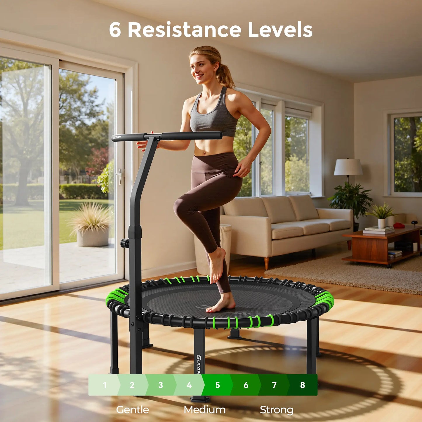 Woman exercising on a trampoline with resistance levels displayed, in a home setting.