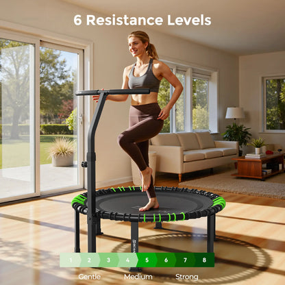 Woman exercising on a trampoline with resistance levels displayed, in a home setting.