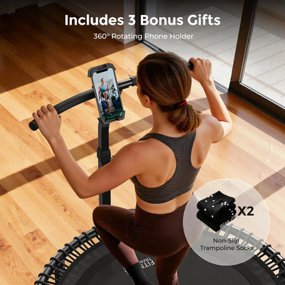 Woman exercising on a trampoline with a phone holder, including 3 bonus gifts.