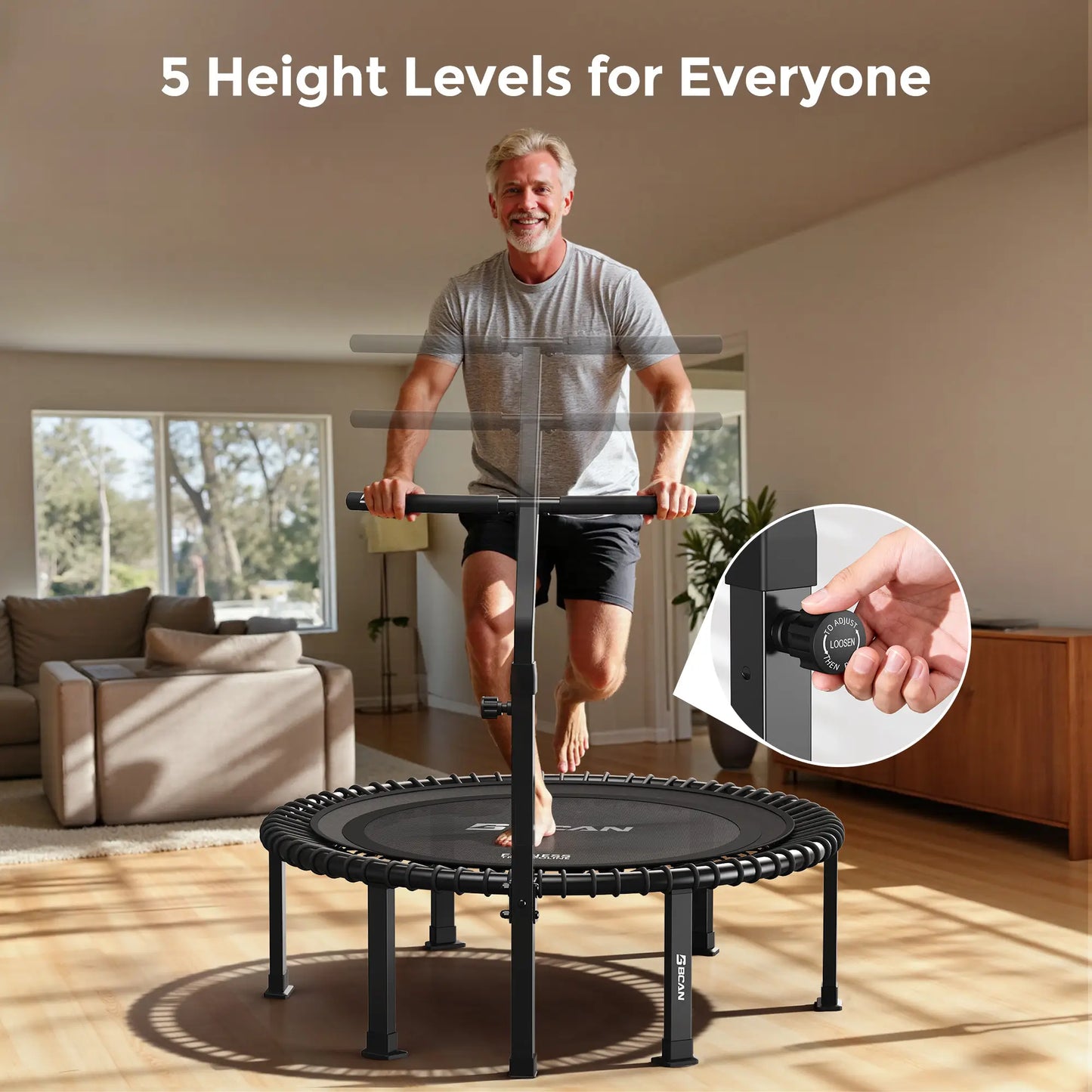 Man using a rebounder with adjustable height levels in a living room.