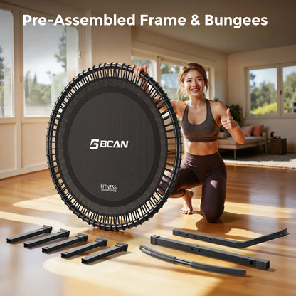 Woman with a fitness trampoline and components in a room