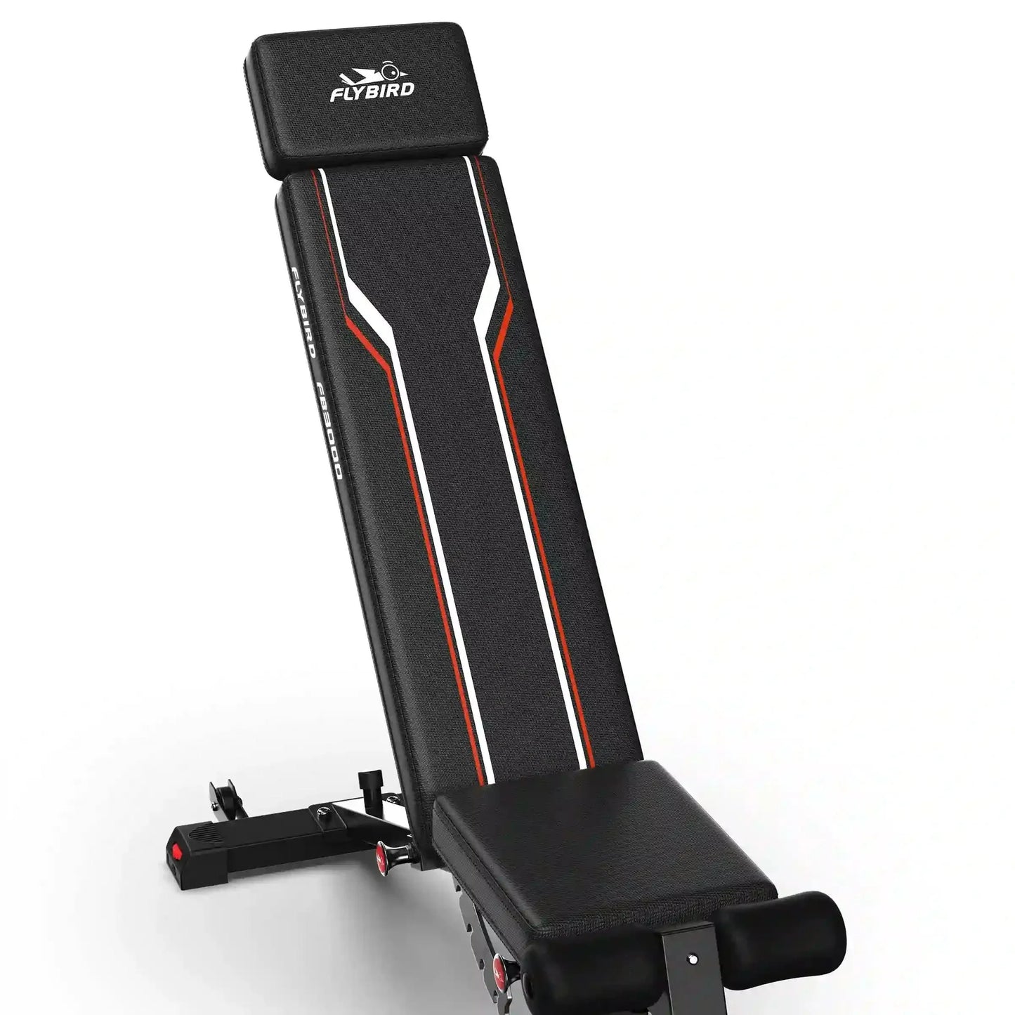 Black gym bench with red accents on a white background