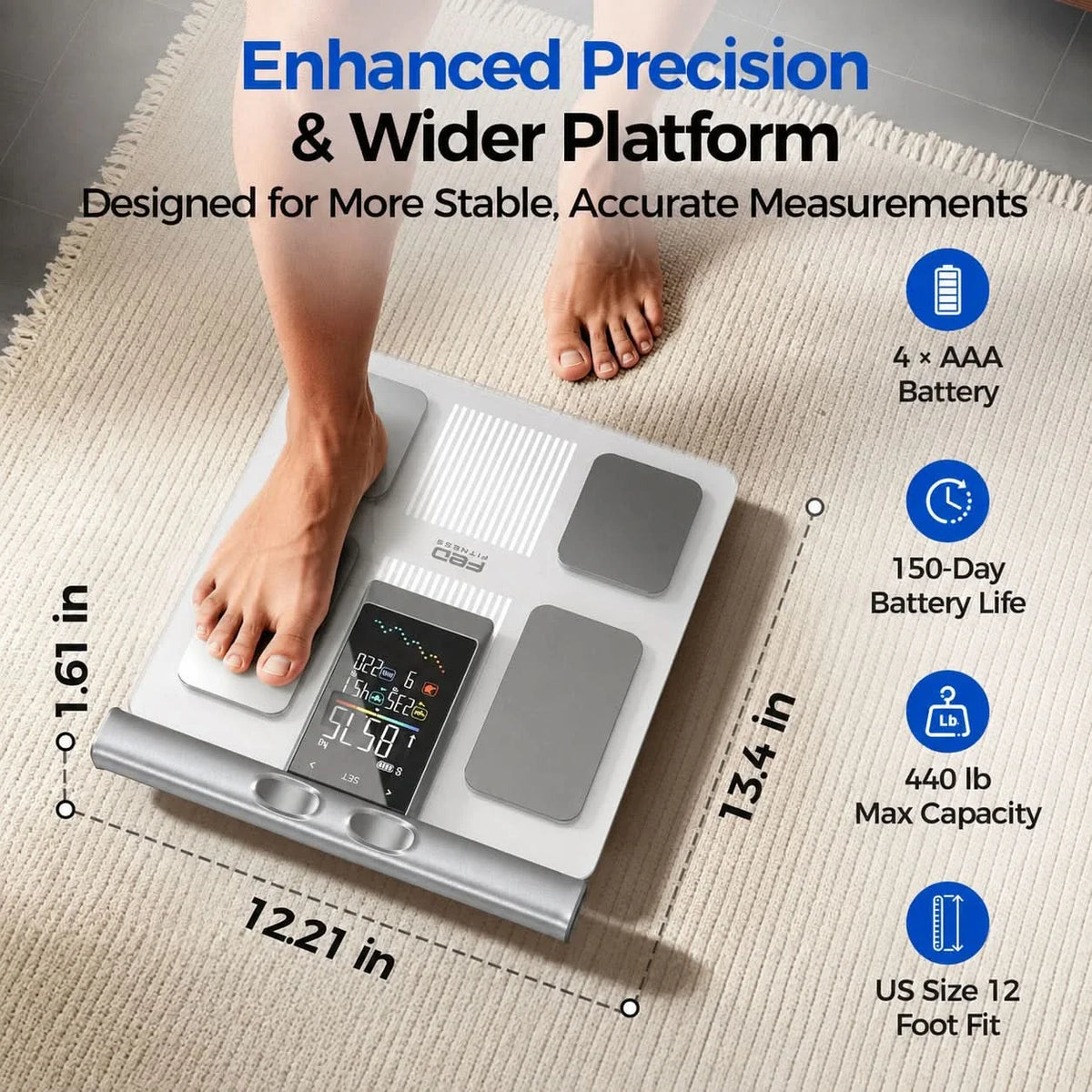 A digital body scale shown on a beige rug with a person's feet standing on it. The image includes marketing text and dimension callouts highlighting the scale's enhanced precision, wider platform, and measurement details.