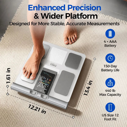 A digital body scale shown on a beige rug with a person's feet standing on it. The image includes marketing text and dimension callouts highlighting the scale's enhanced precision, wider platform, and measurement details.