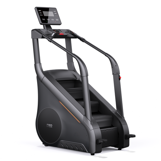 Stair climber exercise machine with digital display on a white background