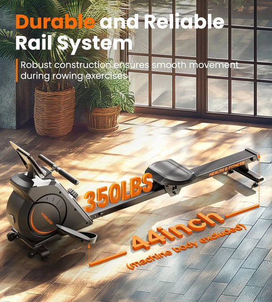 Rowing machine with text highlighting durable rail system and weight capacity in a home setting.