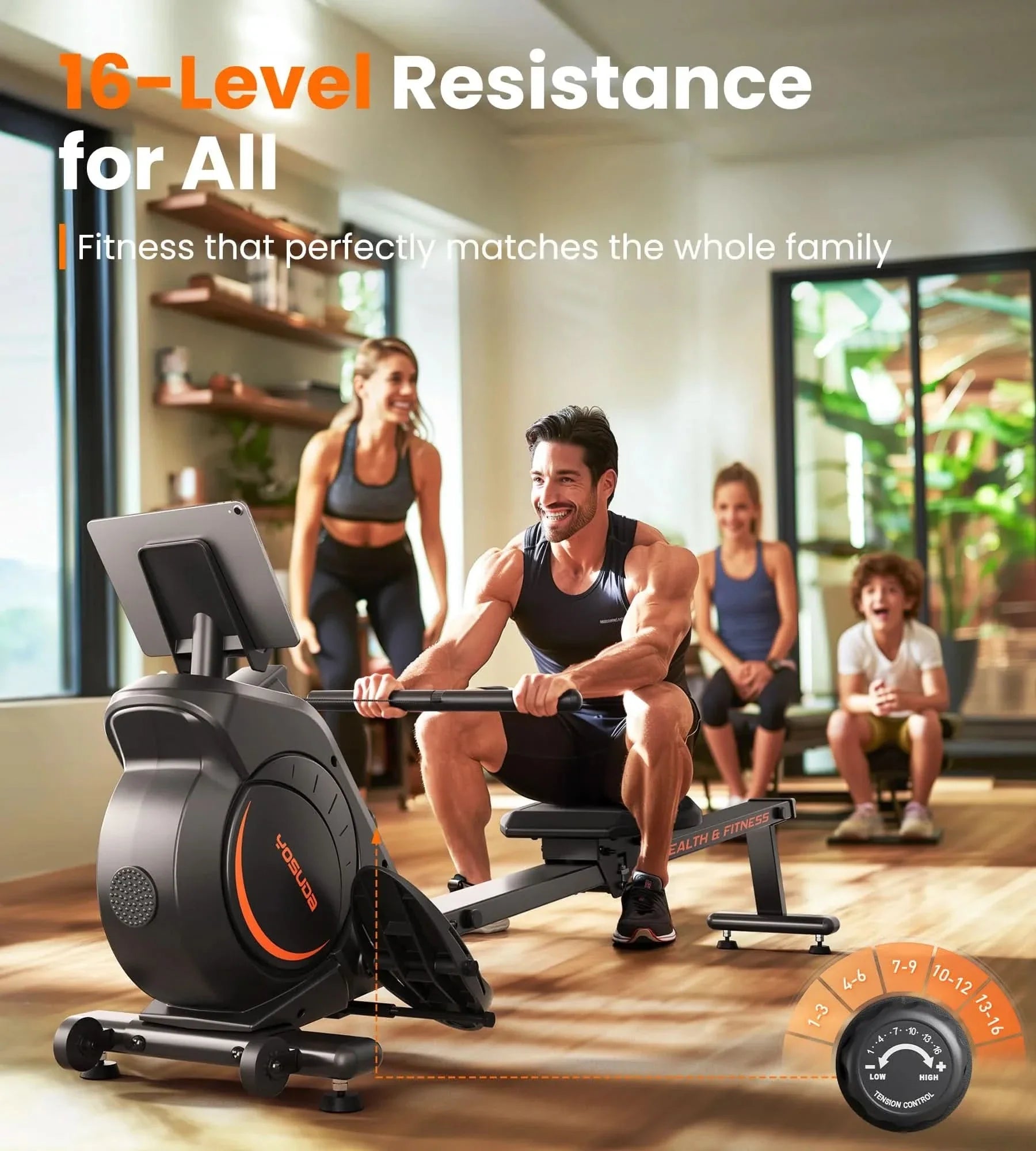 Family using a rowing machine with resistance settings displayed