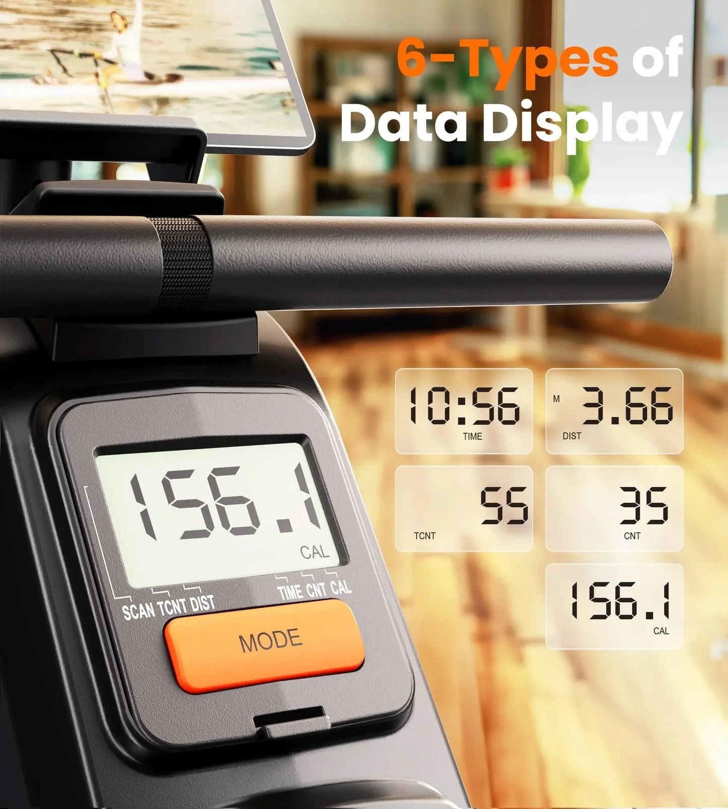Digital display on a piece of exercise equipment with '6-Types of Data Display' text.