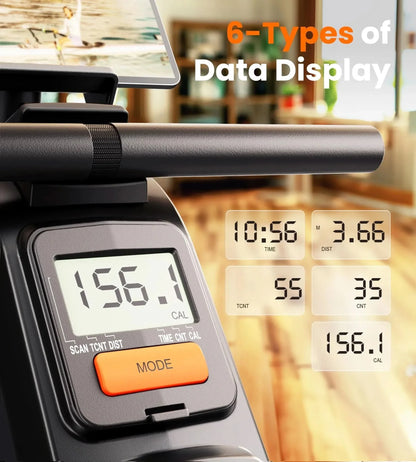 Digital display on a piece of exercise equipment with '6-Types of Data Display' text.