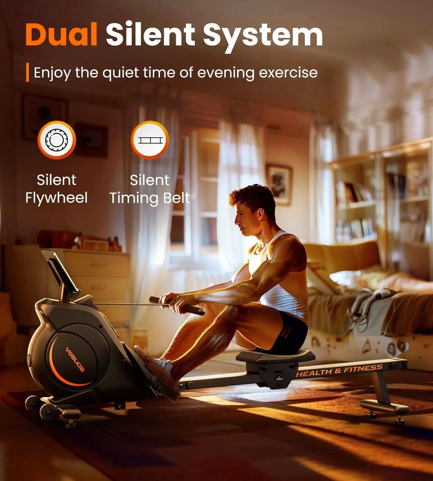 Person using a rowing machine with 'Dual Silent System' features in a home setting.
