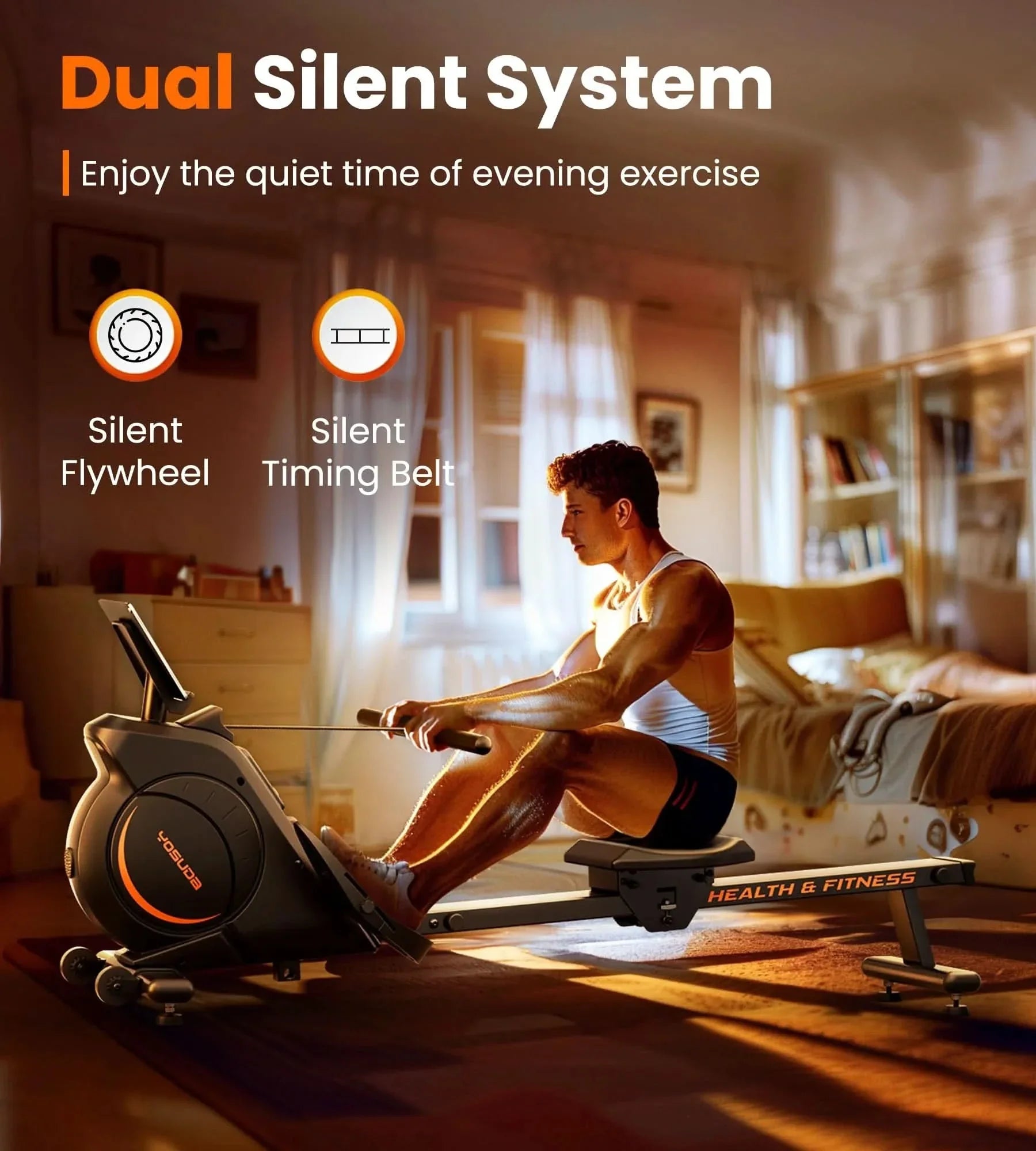 Person using a rowing machine with 'Dual Silent System' features in a home setting.