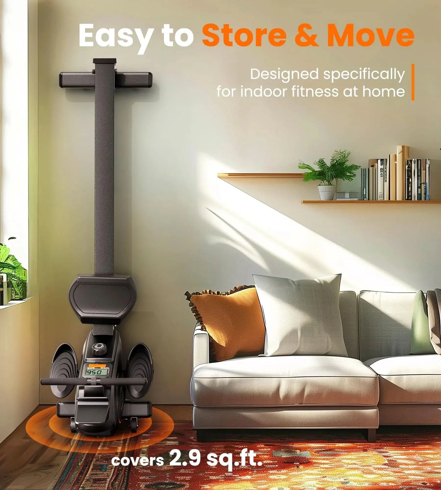 Home exercise machine in a living room setting with text about storage and mobility.