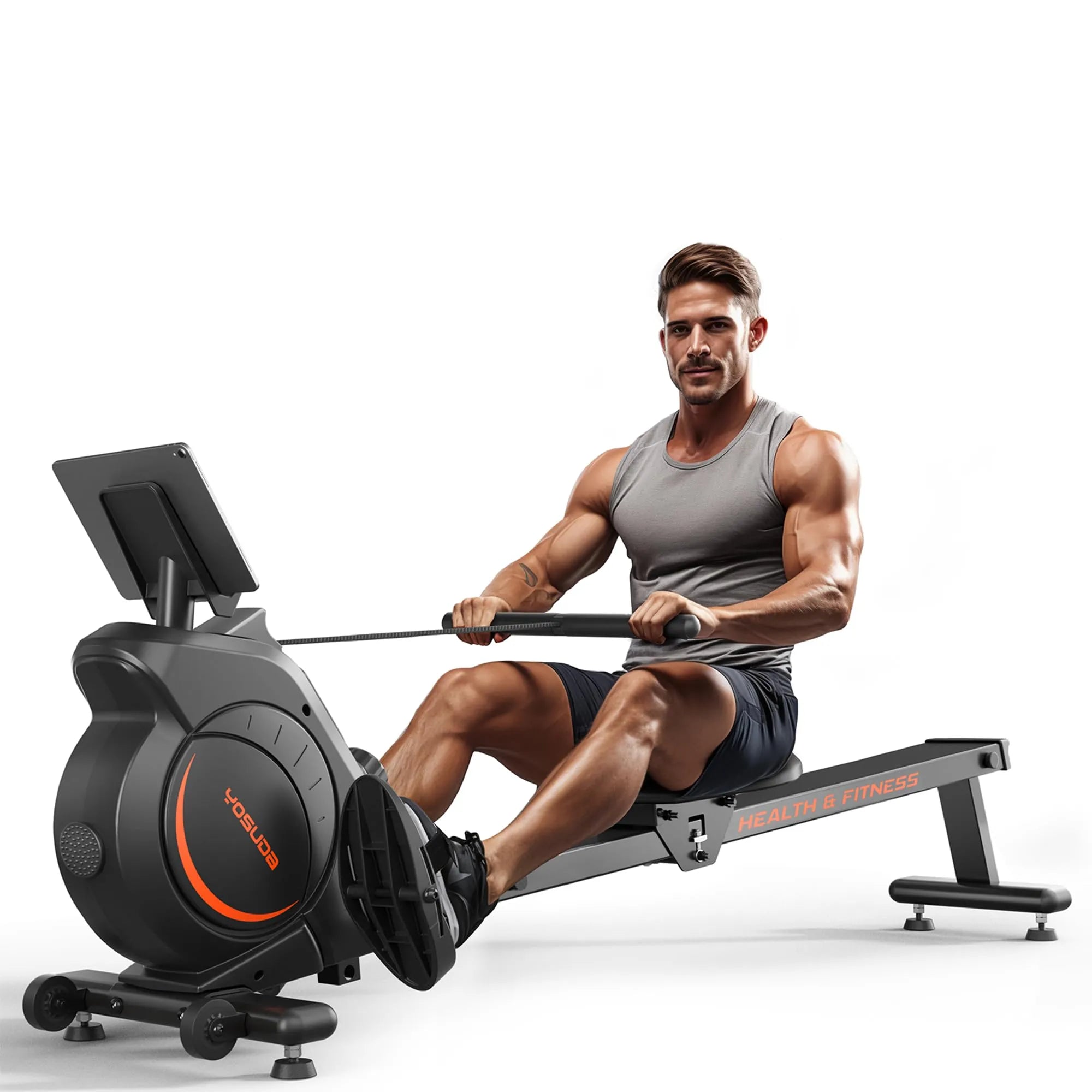 Man using a rowing machine on a white background