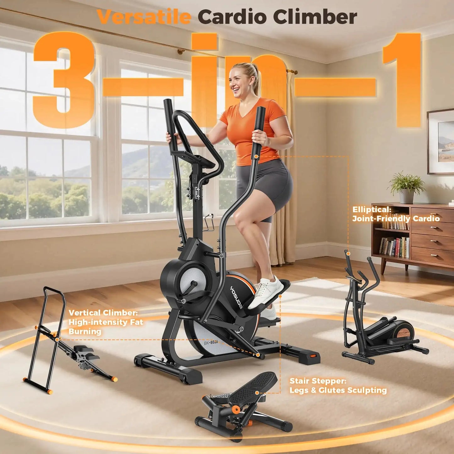 Woman using a 3-in-1 cardio climber machine in a home setting with text highlighting its features.