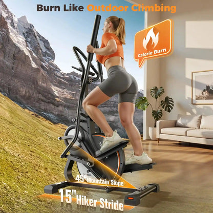 Woman exercising on aelliptical machine with mountain and indoor living room background