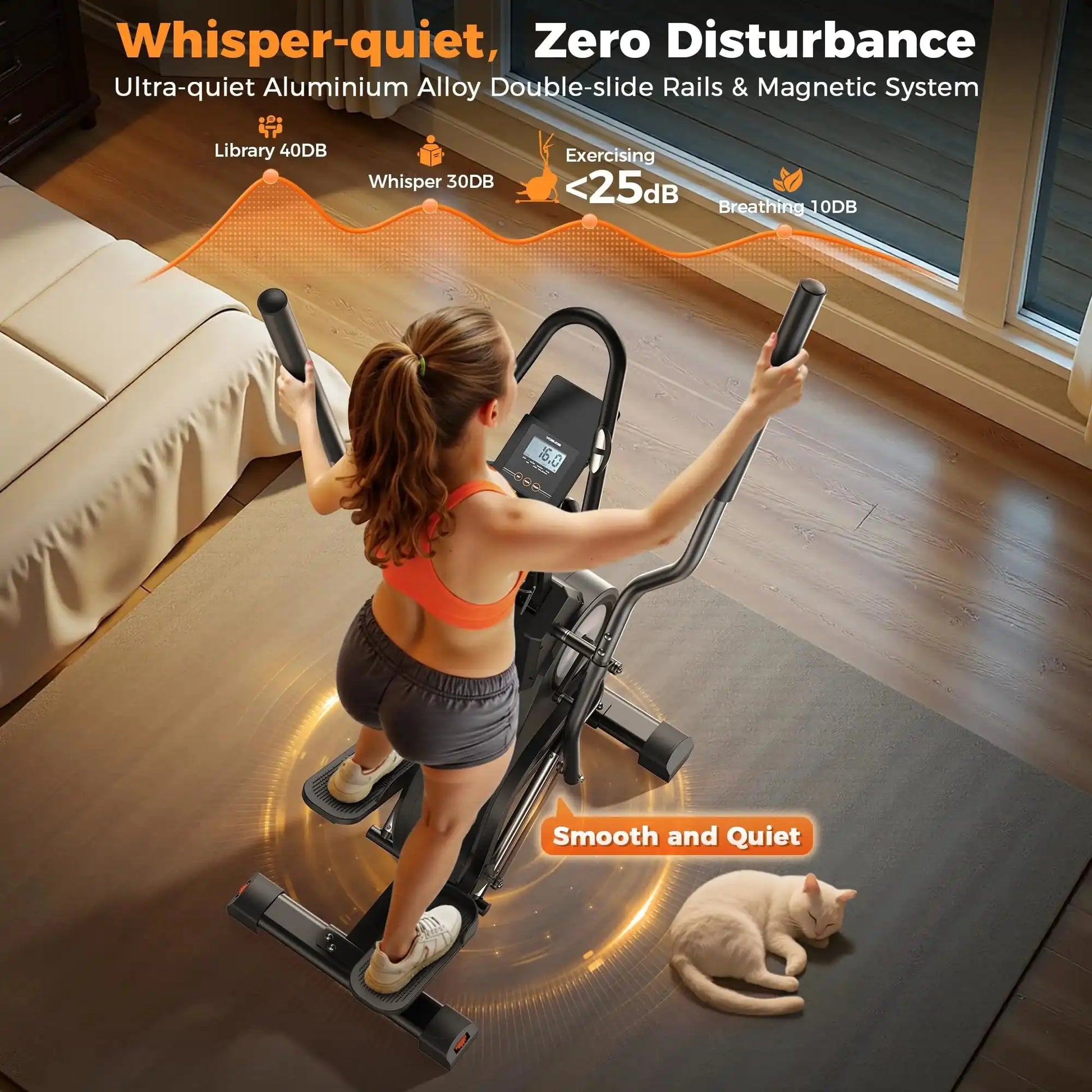 Woman exercising on a quiet elliptical machine in a home setting with a cat nearby.