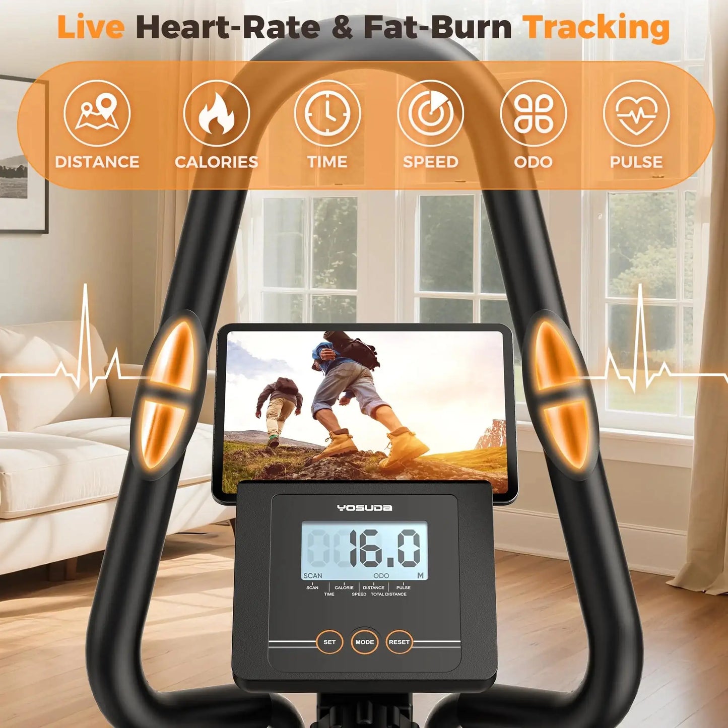 Exercise bike with digital display showing heart rate and fat burn tracking features in a living room setting.