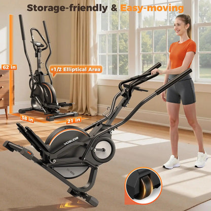 Woman folding an elliptical machine in a room with windows and furniture.