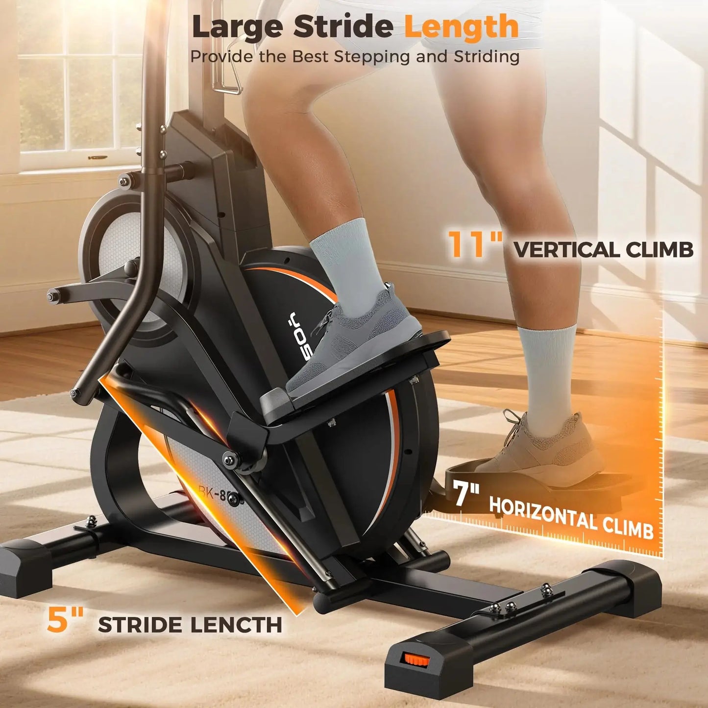 Exercise bike with text highlighting features on a wooden floor.