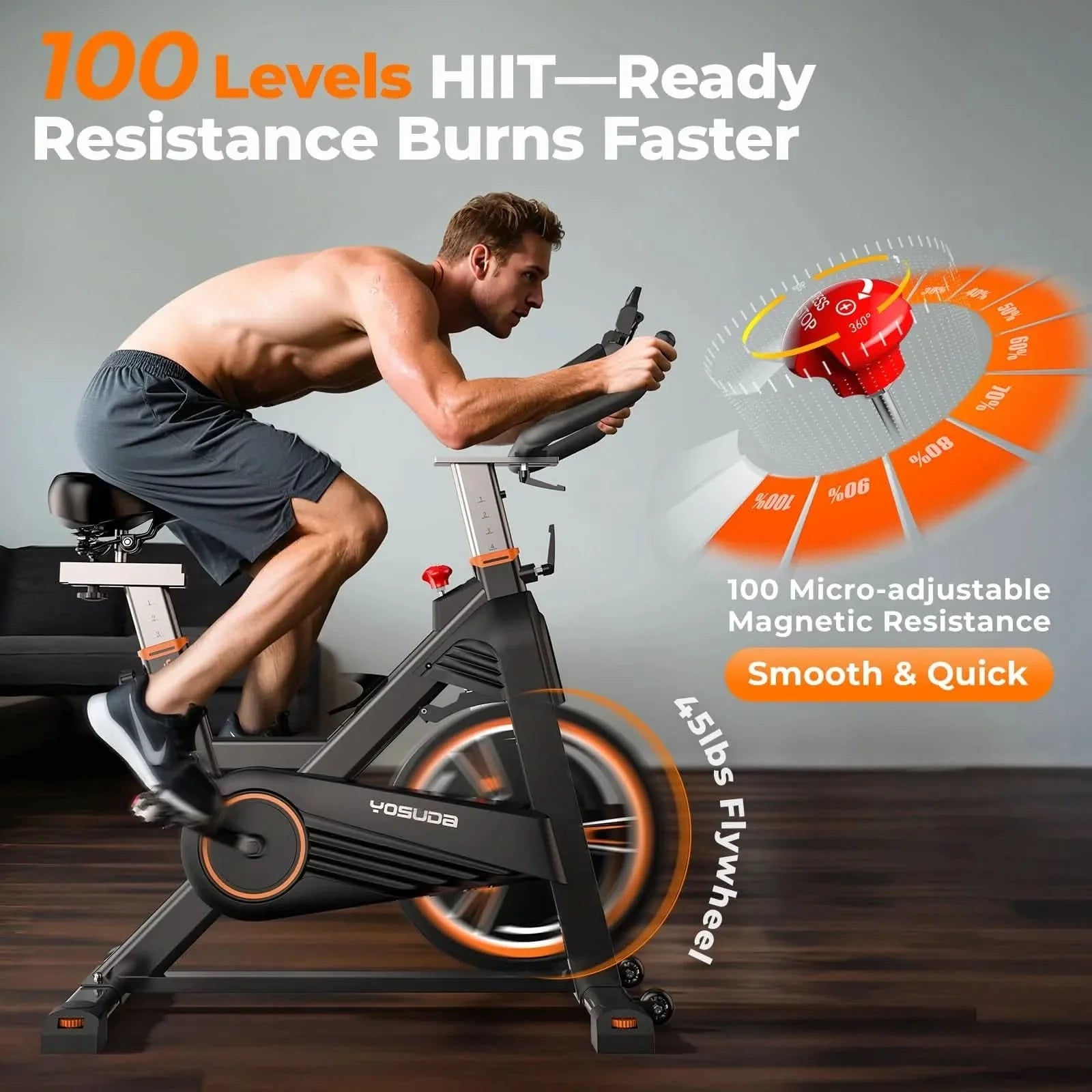 Man exercising on a stationary bike with text about resistance levels and features.