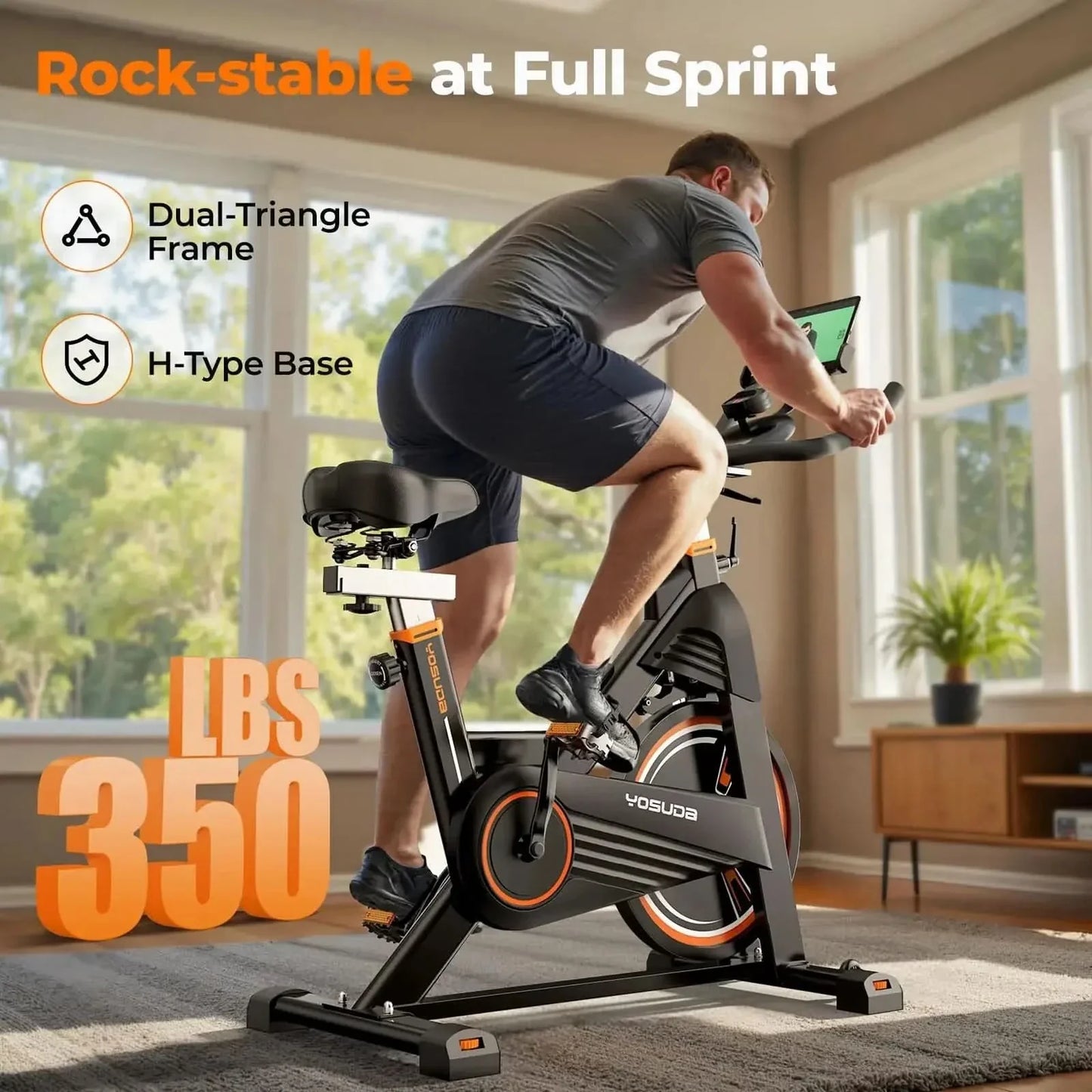 Person using a stationary bike with text highlighting features and weight capacity indoors.