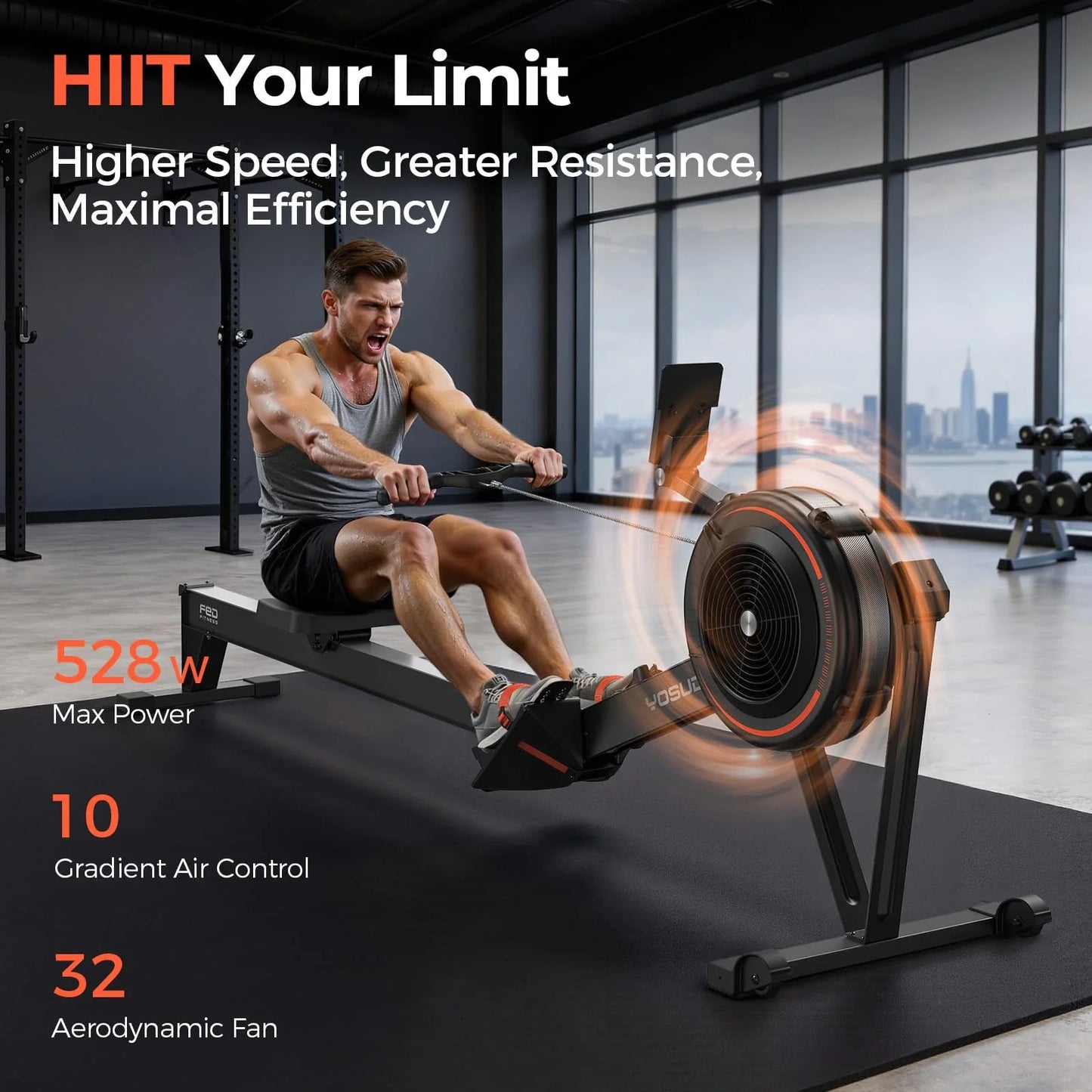 Man using a rowing machine with gym equipment and city view in the background
