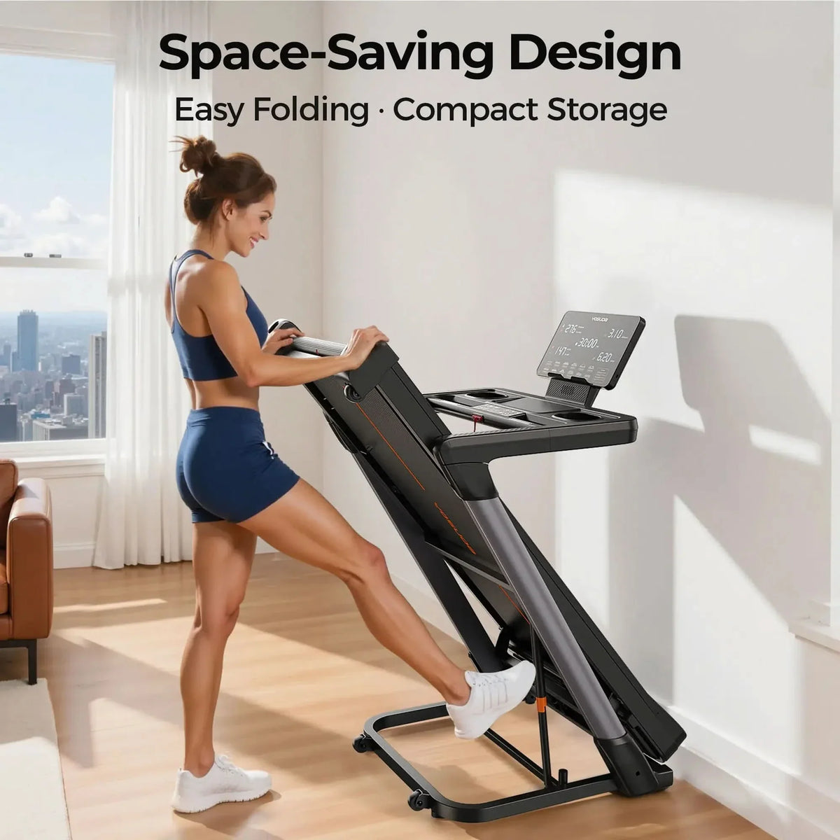 Woman using a space-saving treadmill in a modern living room.
