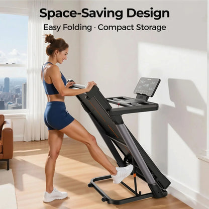 Woman using a space-saving treadmill in a modern living room.