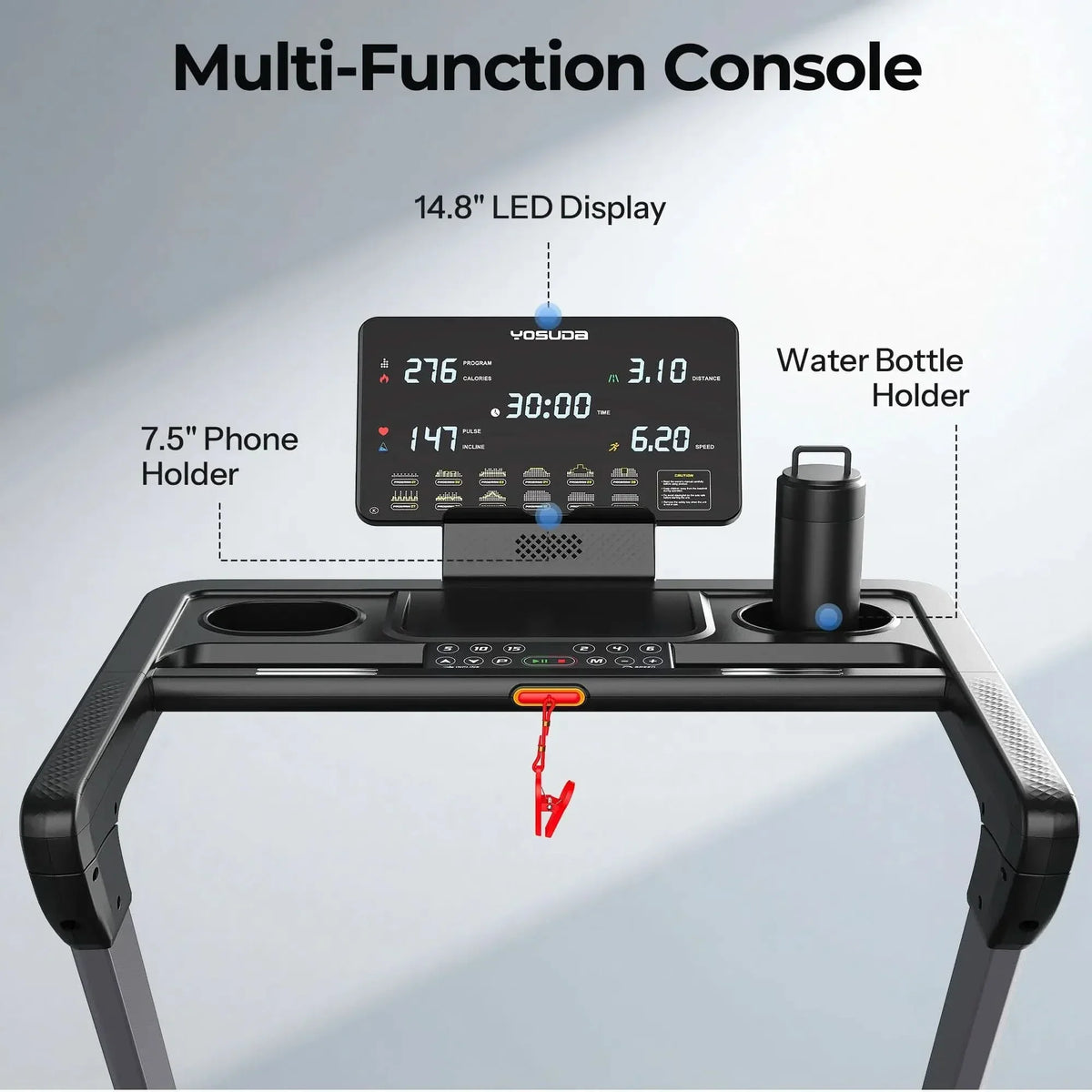Treadmill with a multi-function console displaying various metrics on a light gray background.