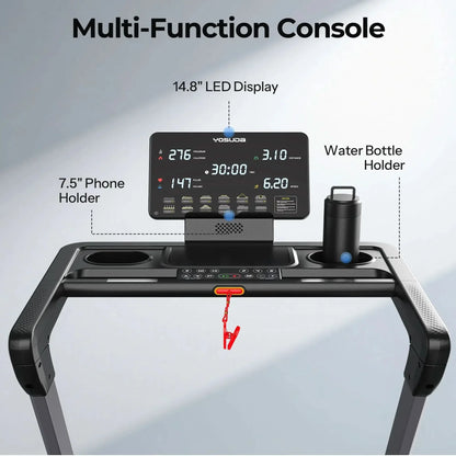 Treadmill with a multi-function console displaying various metrics on a light gray background.