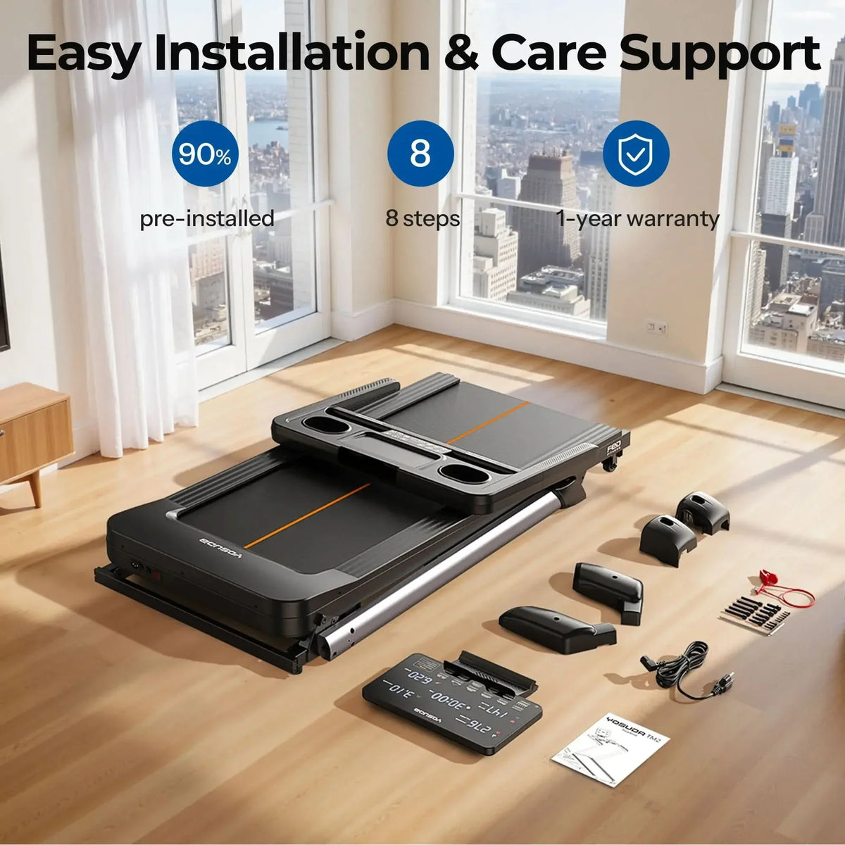 Home treadmill setup with installation components on a wooden floor, cityscape view through windows.