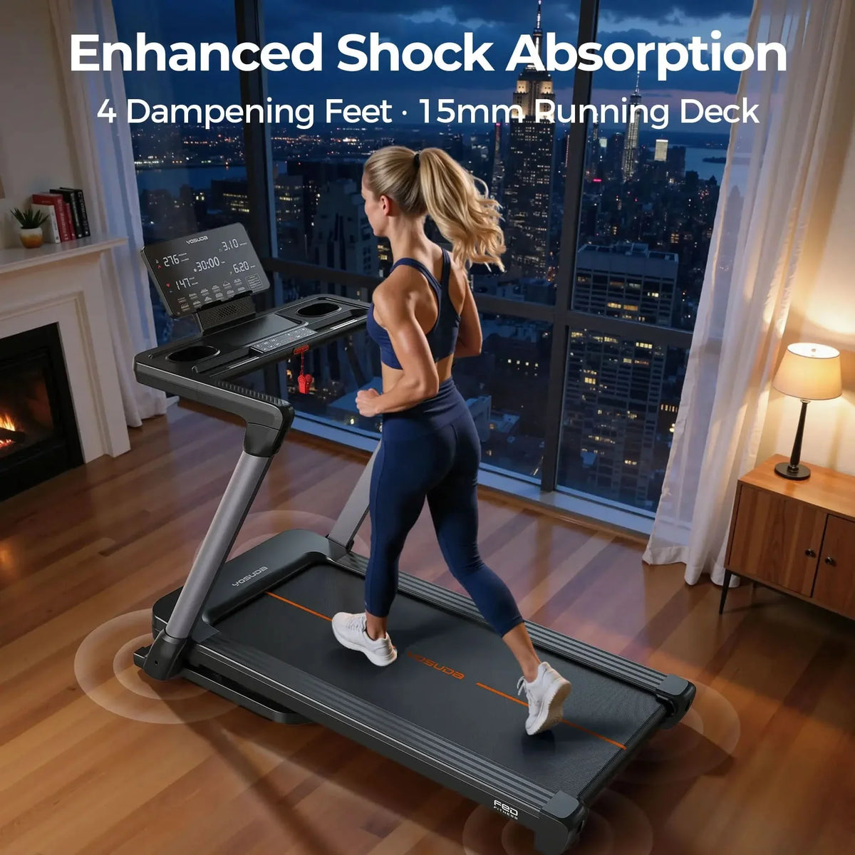 Woman exercising on a treadmill with enhanced shock absorption features in a room with a cityscape view.