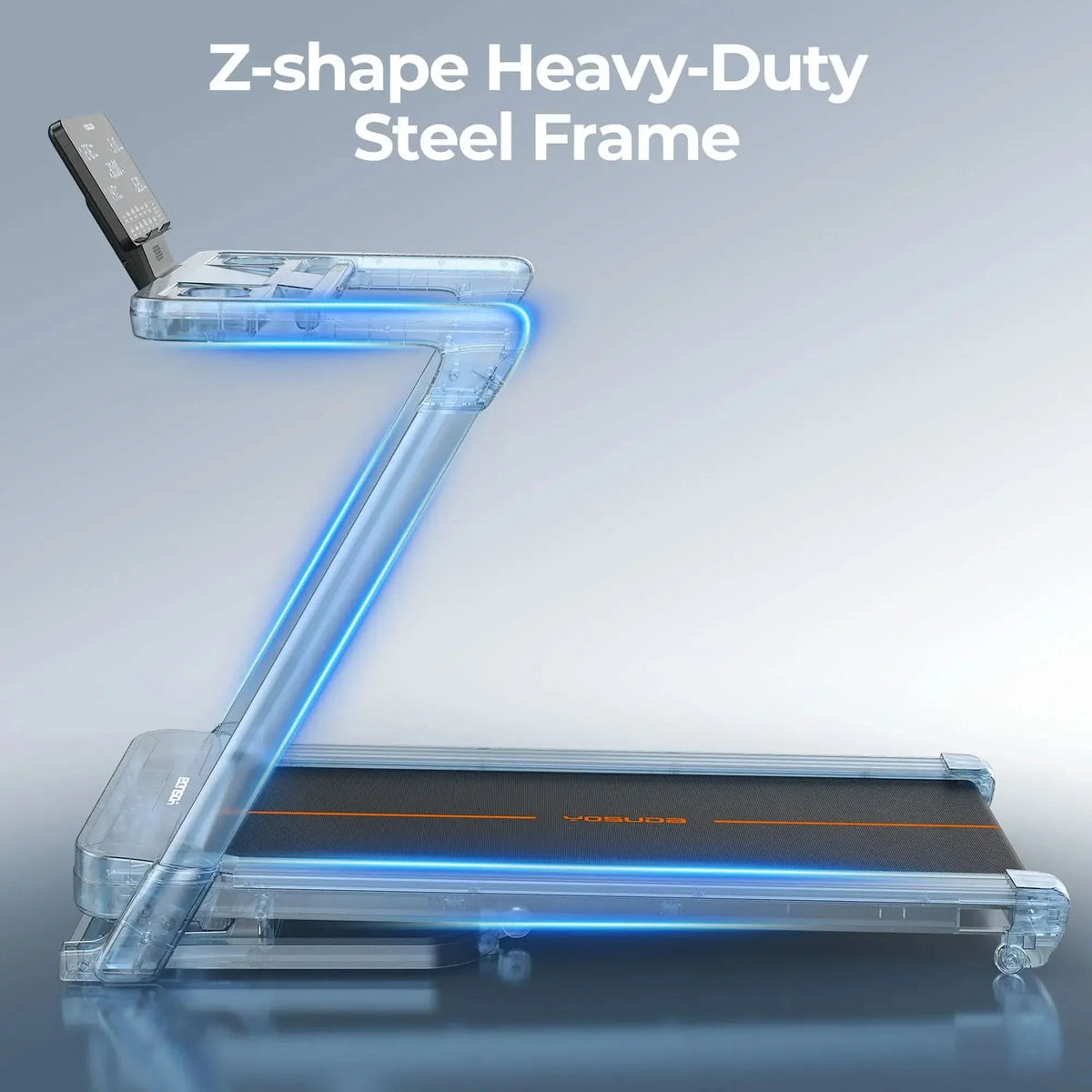 Treadmill with Z-shaped heavy-duty steel frame on a gray background