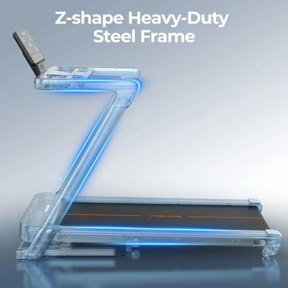 Treadmill with Z-shaped heavy-duty steel frame on a gray background