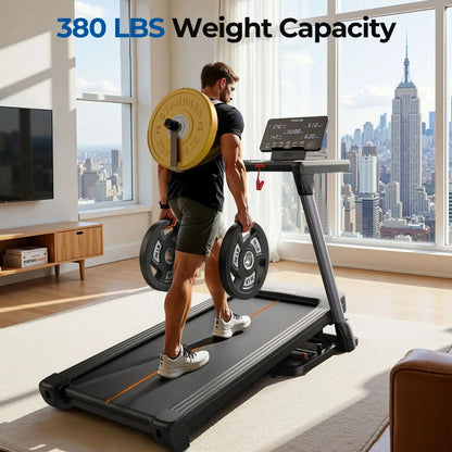 Person using a treadmill with weight capacity display in a room with large windows showing a cityscape.