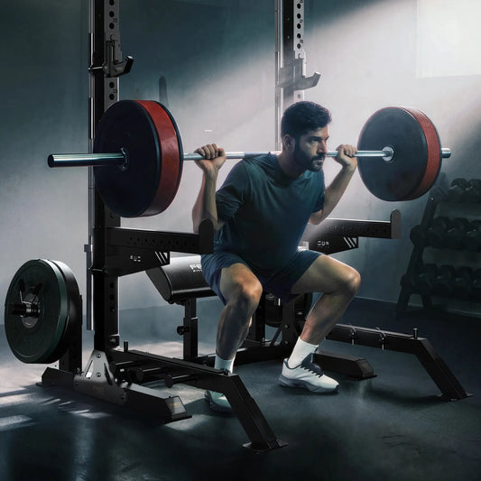 A man performing a strength squat.